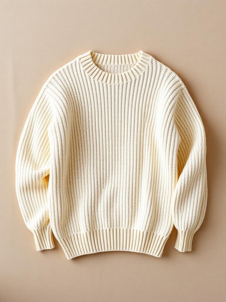 Flat-lay of an oversized cream knit sweater on linen