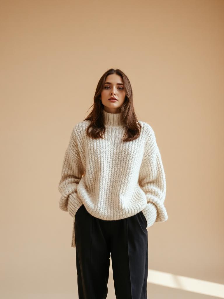 Model wearing oversized cream knit sweater on warm beige backdrop