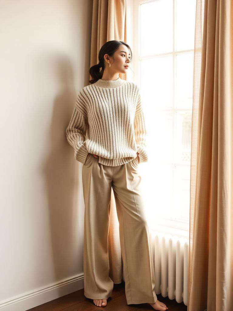 Model wearing cream knit sweater by a sunlit window