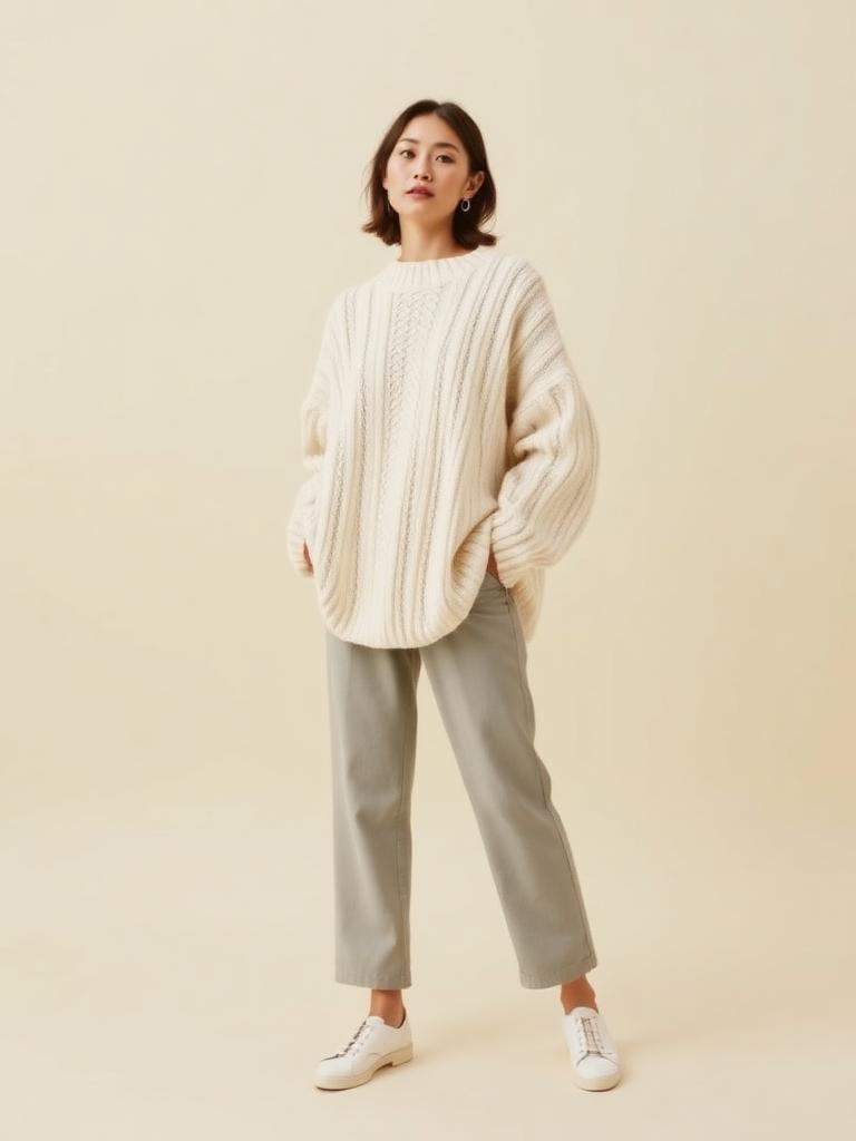 Model wearing oversized cream knit sweater in minimalist studio