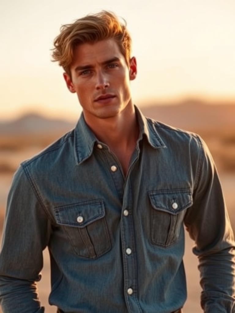 Male model wearing denim western shirt at golden hour