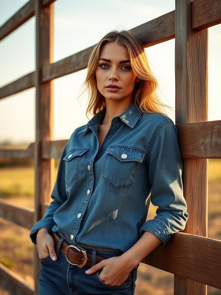 Female model wearing denim western shirt by a ranch fence