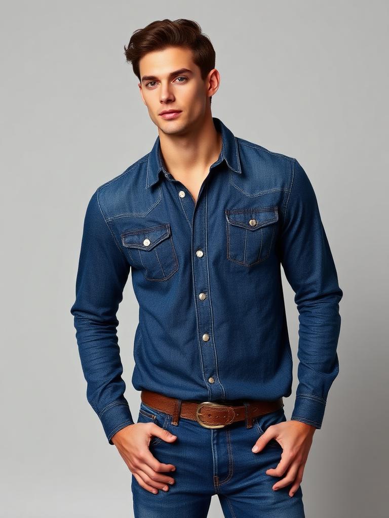 Male model wearing denim western shirt on studio backdrop